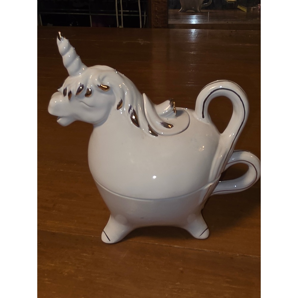 Cracker Barrel Unicorn Tea For One Set White Gold Stoneware Teapot and Cup